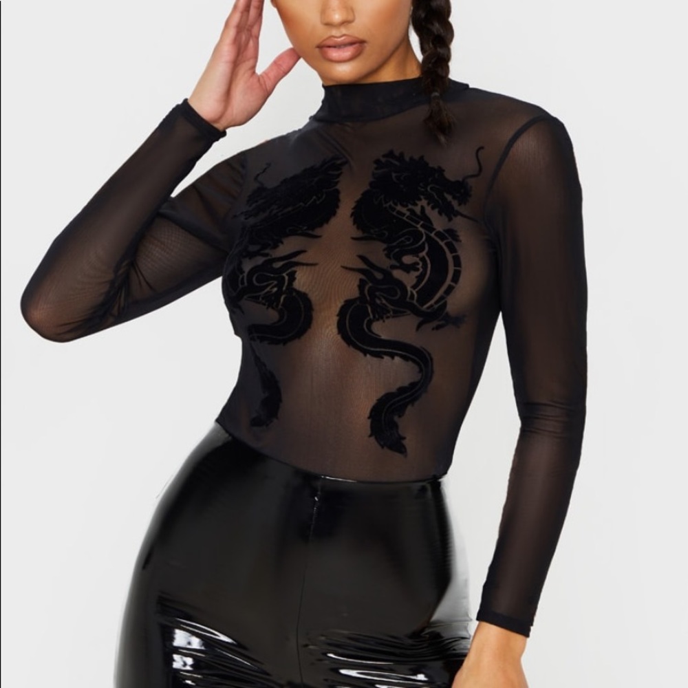 Prettylittlething black dragon mesh bodysuit Wmns